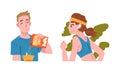 Young Man Eating Breakfast Cereal and Woman Running in the Morning Engaged in Daily Routine Activity Vector Set Royalty Free Stock Photo