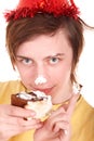 Young man eating chocolate cake. Royalty Free Stock Photo