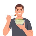 Young man eating salads. Diet food for life. Healthy foods with benefits. Healthy and vegan food concept