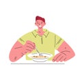 Young man eating soup meal. Vector illustration in flat style.