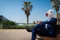 Young man in elegant suit sits on the bench on the city street Royalty Free Stock Photo