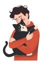 Young man embraces his black cat. Vertical layout. Poster for animal shelters