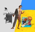 Young man, employee standing at summer beach, packing suits and fishing workings tasks. Contemporary art collage.