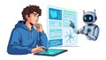Young Developer Working with AI Robot Assistant and Interactive Data Dashboard Royalty Free Stock Photo