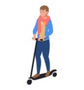 Young man enjoying ride on a kick scooter, smiling with casual attire. Boy scooting happily, wearing scarf and casual Royalty Free Stock Photo