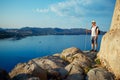 Young man enjoying stunning view in Porto Giunco near Villasimius, Sardinia, Italy Royalty Free Stock Photo