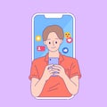 young man enjoying use smartphone in social media app flat lined vector illustration