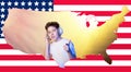 The concept of positive emotions. A young man enjoys life. Collage against the background of the American flag. The portrait of Royalty Free Stock Photo