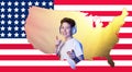 The concept of positive emotions. A young man enjoys life. Collage against the background of the American flag. The portrait of Royalty Free Stock Photo