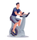 Young man exercising on bicycle gym equipment. Happy smiling guy sitting and cycling vector illustration. Healthy active Royalty Free Stock Photo