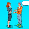 Young Man Expaining his New Idea to Business Woman in Office. Pop Art illustration Royalty Free Stock Photo