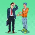 Young Man Explaining Something to Thoughtful Businessman. Pop Art illustration Royalty Free Stock Photo