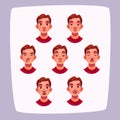 Young man face expressions, cartoon male avatar