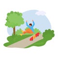 Young man falls off skateboard in park. Casual clothing, accident, surprised expression, outdoor activity. Skateboarding