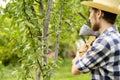 Young man in the farm garden working with axe and cutting the fruit treeon summer day a Royalty Free Stock Photo