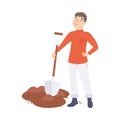 Young Man Farmer or Agricultural Worker Digging Ground with Shovel Vector Illustration