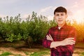 Young man farmer smiling and standing in his mulberry orchard background Royalty Free Stock Photo