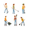 Young Man Farmer Working in the Field with Scythe, Shovel, Wheelbarrow and Rake Vector Set