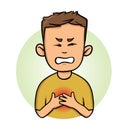 Young man feeling chest pain. Angina and heart attack. Flat vector illustration. Isolated on white background.