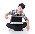 Young man finger point to empty computer screen Royalty Free Stock Photo