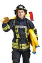 Young man in firefighter uniform and hardhat