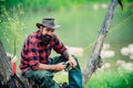 Young man fishing. Fisherman with rod, spinning reel on river bank. Man catching fish, pulling rod while fishing on lake Royalty Free Stock Photo