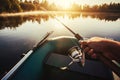 Man fishing on a lake from rubber boat