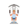 Young man flexing muscles on trainer gym machine, people activity, daily routine vector Illustration on a white Royalty Free Stock Photo