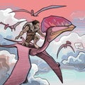 A young man flies in the sky riding a pterosaur among the clouds.