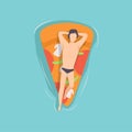 Young man floating on air mattress in the shape of piece of pizza in swimming pool, top view vector Illustration