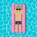 Young man floating on a inflatable swim mattress in a swimming pool or sea or ocean. Boy in sunglasses and cap. Vector. Royalty Free Stock Photo