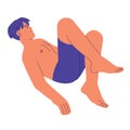 Young man fly in dream. Person lying in air, people rest in zero gravity. Boy relax, bent knees. Male floating in