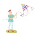 Young Man Flying Colorful Kite on Green Lawn Vector Illustration Royalty Free Stock Photo