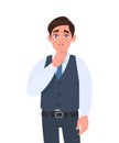 Young man in formal waistcoat asking silence. Sh! Keep quiet. Silence please! Male character design illustration. Human emotions. Royalty Free Stock Photo