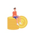 Young man freelancer or student cartoon character sitting on money gold coin stack isolated on white Royalty Free Stock Photo