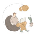 Young man freelancer working on laptop at home vector graphic.Working at home concept .Minimal art design