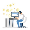 Young man freelancers working on computer in office or home.programmer, business analysis, design, strategy. Flat vector