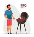 Young man frying barbecue flat color illustration