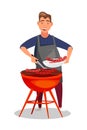 Young man frying barbecue flat color illustration