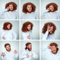 The young man funny face expressions composite on gray background Royalty Free Stock Photo