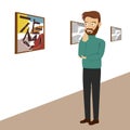 Young man in gallery room looking at abstract paintings Royalty Free Stock Photo