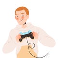 Young Man with Gamepad Playing Computer Game Enjoying Recreation Vector Illustration Royalty Free Stock Photo