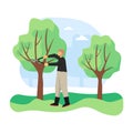 Young man, gardener pruning tree by cutting away dead branches with pruner, flat vector illustration