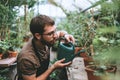 Young man gardener watering potted houseplant in greenhouse Royalty Free Stock Photo