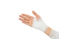 Young man with gauze bandage wrapped around injury hand Royalty Free Stock Photo