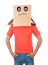 Young man gesturing with a cardboard box on his head with sad fa Royalty Free Stock Photo