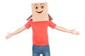 Young man gesturing with a cardboard box on his head with smiley Royalty Free Stock Photo