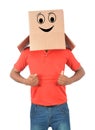 Young man gesturing with a cardboard box on his head with smiley Royalty Free Stock Photo