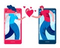 A young man and a girl declare their love to each other via a smartphone. Dating and love in social networks.