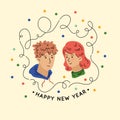 A young man and a girl are going to celebrate the New Year 2023. A guy and a girl are smiling on a poster. Royalty Free Stock Photo